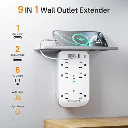 Bathroom Wall Outlet Extender with Shelf & Smart Night Light