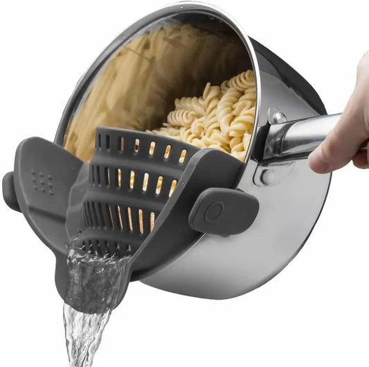 Gray Silicone Clip-On Pasta Strainer