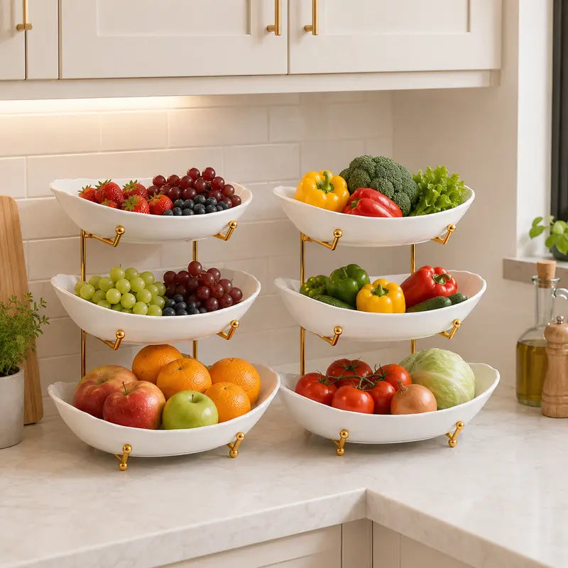 3-Tier Ceramic Fruit Bowl with Metal Stand