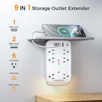 Bathroom Wall Outlet Extender with Shelf & Smart Night Light