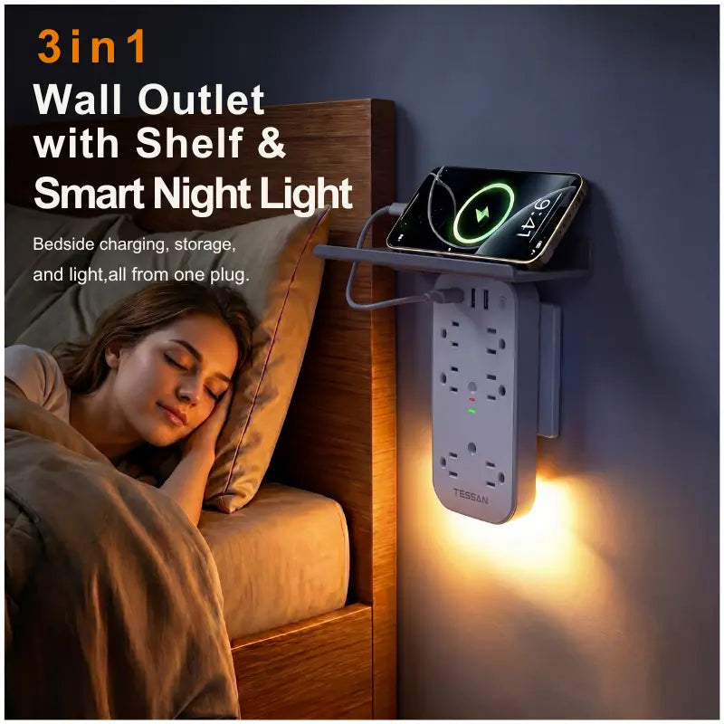 Bathroom Wall Outlet Extender with Shelf & Smart Night Light
