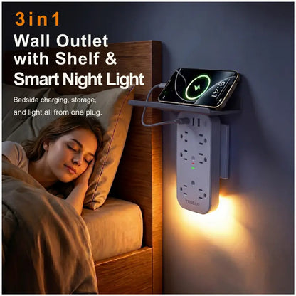 Bathroom Wall Outlet Extender with Shelf & Smart Night Light