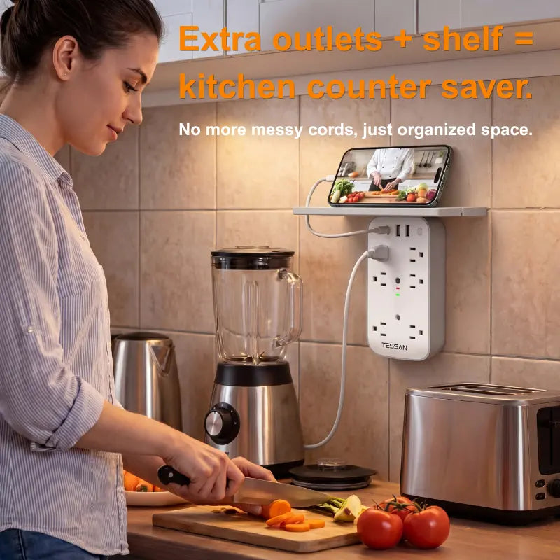 Bathroom Wall Outlet Extender with Shelf & Smart Night Light