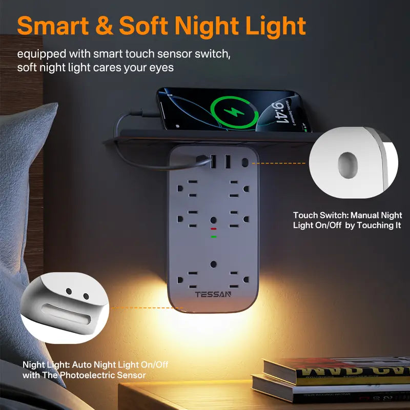 Bathroom Wall Outlet Extender with Shelf & Smart Night Light