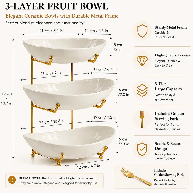 3-Tier Ceramic Fruit Bowl with Metal Stand