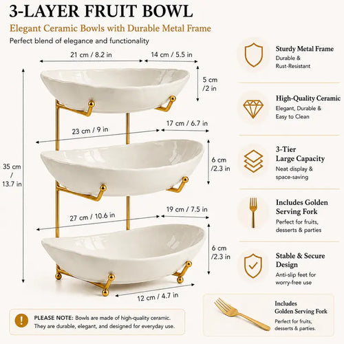 3-Tier Ceramic Fruit Bowl with Metal Stand
