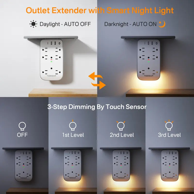 Bathroom Wall Outlet Extender with Shelf & Smart Night Light